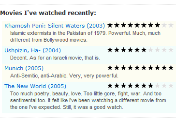 WP Movie Ratings wordpress plugin in action (recently watched movies)