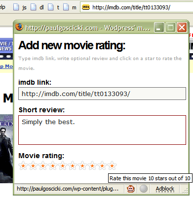 WP Movie Ratings wordpress plugin in action (Firefox bookmarklet)